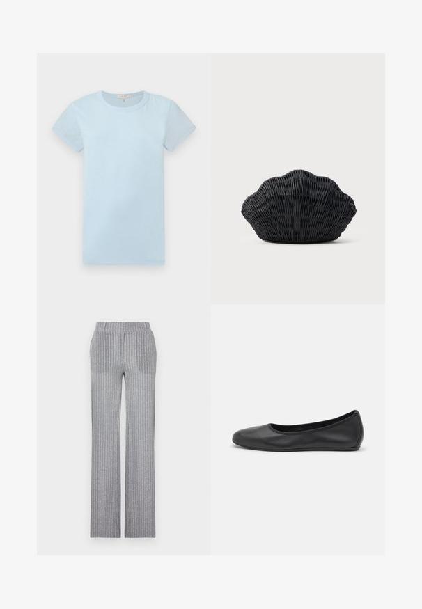rag & bone Základné tričko - raindrop; Sivé, rebrované pletené nohavice s priliehavým pásom a rozšírenými nohavicami. Obsahujú jemný lesk a vertikálne pruhy pre textúru.; Čierne kožené baleríny s okrúhlou špičkou, hladkým povrchom, minimálnym prešívaním a flexibilným dizajnom podrážky.; Čierna prútená kabelka v tvare mušle s oblým horným okrajom a tkanou textúrou na jednoduchom pozadí.