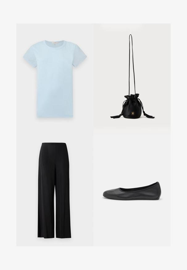 rag & bone Βασικό μπλουζάκι - raindrop; Μαύρο παντελόνι με φαρδιά ποδόγυρο κατασκευασμένο από λείο ύφασμα, με ψηλή μέση και χωρίς ορατές τσέπες ή μηχανισμούς. Σχεδίαση που φτάνει μέχρι το πάτωμα.; Μαύρο δερμάτινο μπαλαρίνι με στρογγυλή μύτη, λεία υφή, ελάχιστες λεπτομέρειες ραφής και σχεδίαση ευέλικτης σόλας.; Μαύρη τσάντα bucket με κορδόνι, μακρύ λεπτό λουράκι και μικρό χρυσό τετράγωνο λογότυπο στο μπροστινό μέρος, απεικονίζεται σε απλό φόντο.