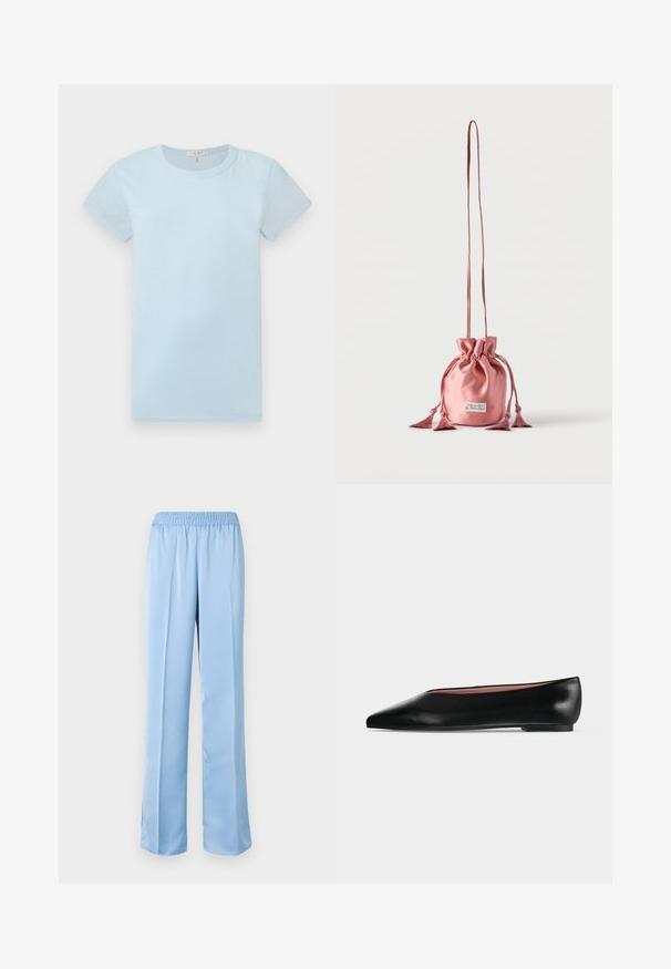 rag & bone Βασικό μπλουζάκι - raindrop; Ανοιχτό μπλε, παντελόνι φάρδυ με ελαστική μέση. Λείο ύφασμα, μοντέρνος σχεδιασμός και λίγο φαρδύς στρίφωμα με πλαϊνές σχισμές στο κάτω μέρος.; Μαύρο δερμάτινο γυναικείο παπούτσι με χαμηλό τακούνι και μυτερή μύτη, εμφανιζόμενο πλάγια σε απλό ανοιχτό γκρι φόντο.; Ροζ σατέν τσαντάκι με κορδόνι, μακριά ταινία και λεπτομέρειες με φούντες, όρθιο σε απλό λευκό φόντο.