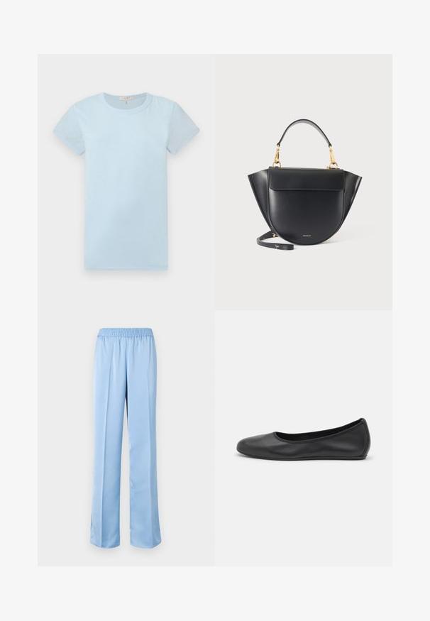 rag & bone Camiseta básica - raindrop; Pantalones de pierna ancha en azul claro con una cinturilla elástica. Textura suave, diseño liso y dobladillo ligeramente acampanado con aberturas laterales en la parte inferior.; Bailarina de piel negra con punta redondeada, textura suave, detalle de costura minimalista y diseño de suela flexible.; Bolso de mano de cuero negro con base redondeada, lados alados, herrajes dorados, asa corta y correa larga desmontable, sobre fondo liso y claro.