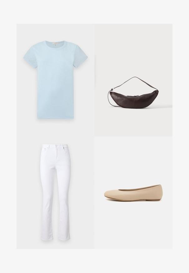 rag & bone Lihtne T-särk - raindrop; Valged denim lõikega flared teksad kõrge vöökohaga, neli taskut ja eesmine nööpkinne. Omab siledat tekstuuri ja puhtaid ääriseid.; Beeži nahk balletitossud ümarate varvastega, minimaalse õmbluse detailiga, madala kanna ja diskreetse logoga taga. Sile, mati tekstuur.; Tumepruun nahast poolkuu-kujuline õlakott kõverate rihmade ja nähtavate õmblustega ühevärvilisel taustal.