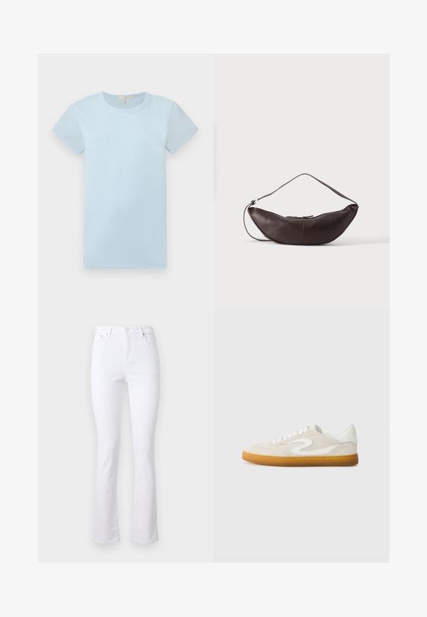 rag & bone T-Shirt basic - raindrop; Weiße Denim-Jeans mit weitem Bein, hoher Taille, vier Taschen und einer Knopfverschluss vorne. Sie verfügen über eine glatte Textur und saubere Säume.; Beige Wildlederschuh mit weißen Lederakzenten, Gummisohle und runder Zehenpartie. Verfügt über ein markantes Swoosh-Design an der Seite.; Dunkelbraune Leder-Schultertasche in Halbmondform mit gebogenem Riemen und sichtbarer Naht auf schlichtem Hintergrund.