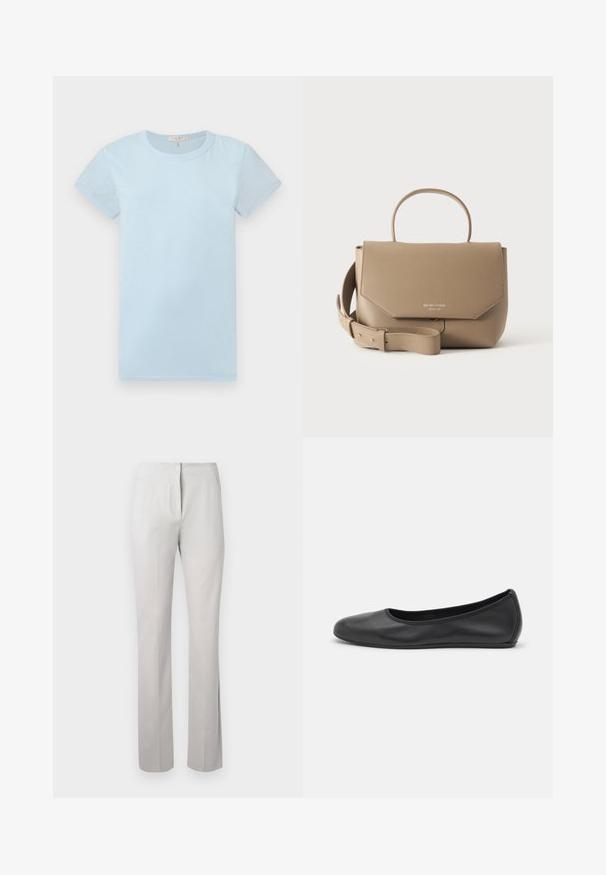 rag & bone T-shirt basique - raindrop; Pantalon gris clair, ajusté, avec une texture lisse, coupe droite et taille mi-haute. Présente une fermeture éclair à l'avant et des poches latérales.; Ballerines en cuir noir avec un bout rond, texture lisse, détails de couture minimalistes et design de semelle flexible.; Sac à main structuré beige avec poignée supérieure et bandoulière réglable, nom de marque embossé sur le rabat avant, matière en cuir texturé.