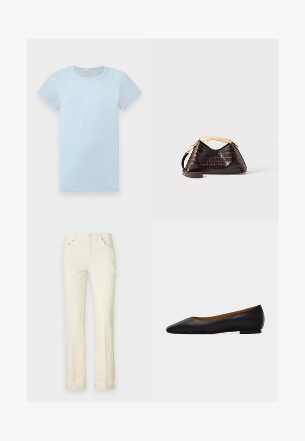 rag & bone T-Shirt basic - raindrop; Hellgelbe gerade Jeans aus Baumwolle, mit einem Fünf-Taschen-Design, Gürtelschlaufen und aufgerolltem Saum.; Schwarzer flacher Schuh aus Leder mit spitz zulaufender Vorderkappe, niedrigem Absatz und glatter Oberfläche, von der Seite vor einem hellgrauen Hintergrund dargestellt.; Dunkelbraune, krokodilgeprägte Handtasche mit goldfarbenem, geschwungenem Tragegriff und abnehmbarem Schulterriemen auf weißem Hintergrund.