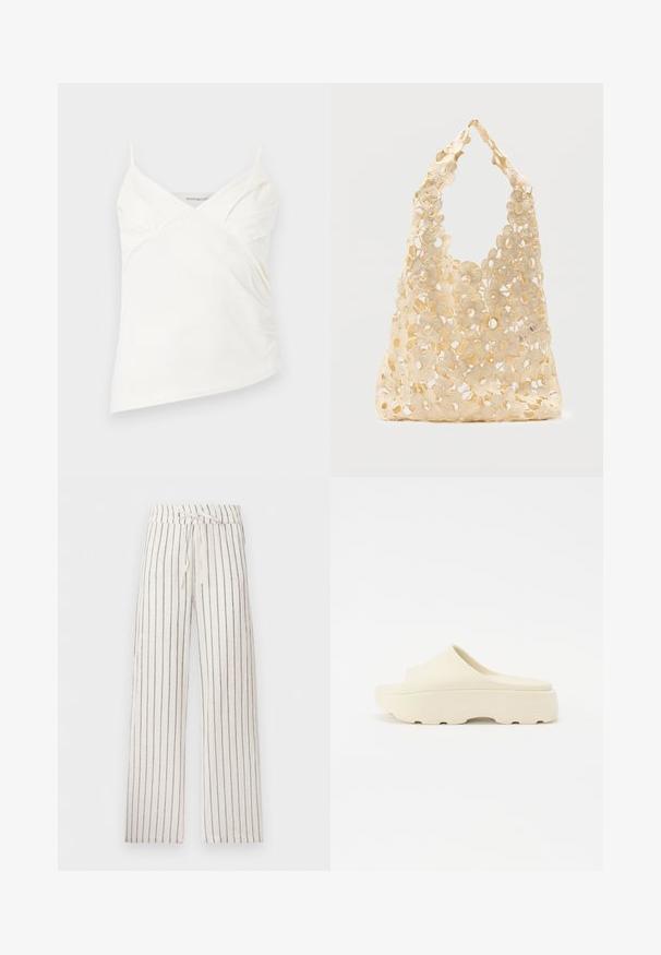 Witte asymmetrische hemdtop met dunne bandjes en subtiele plooidetails op de buste, afgebeeld op een effen achtergrond.; Witte wijde broekspijpen met fijne verticale zwarte strepen en een tailleband met trekkoord.; Beige instapsandaal met een gladde rubberachtige oppervlakte, ronde neus, dikke zool en een gestructureerde onderkant voor grip. Minimalistisch ontwerp.; Beige gehaakte boodschappentas met open bloemmotief, met grote en kleine bloemen en een enkele lusvormige handgreep.