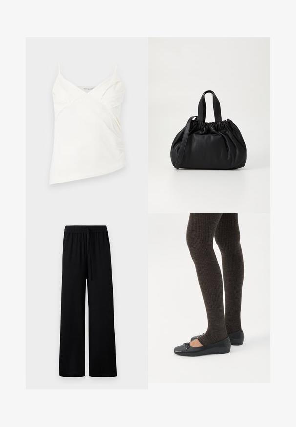 Hvid asymmetrisk camisole top med tynde stropper og subtile rynkedetaljer ved brystet, vist på en ensfarvet baggrund.; Sorte vide benbukser med elastisk talje og justerbar snor. Glat stof uden synlige mønstre eller accenter.; Ben iført mørke ribbede leggings kombineret med sorte balletsko med små sløjfedetaljer på hvid baggrund.; Sort læderhåndtaske med en samlet topdesign, der har to korte håndtag og en lang justerbar rem. Glat overflade, rund form.