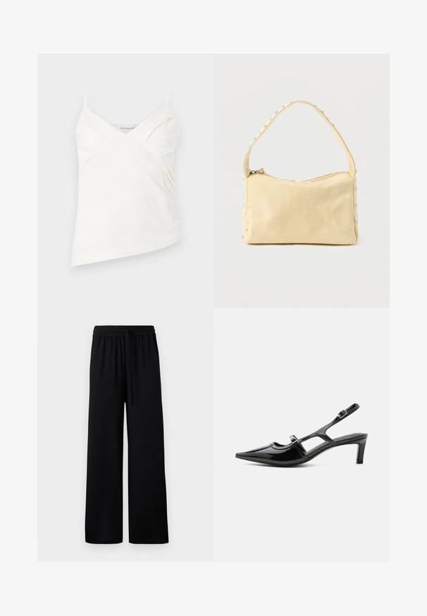 Top camisola blanco asimétrico con tirantes finos y detalles sutiles fruncidos en el busto, exhibido sobre un fondo liso.; Pantalones anchos negros con cintura elástica y cordón ajustable. Tejido suave sin patrones ni acentos visibles.; Zapato slingback de charol negro con punta puntiaguda, tacón bajo y dos correas ajustables con hebillas, mostrado de perfil lateral.; Pequeño bolso de cuero beige con una sola correa y tachuelas plateadas a lo largo de los bordes y la correa, sobre un fondo liso.