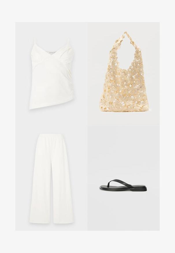 Haut caraco blanc asymétrique avec fines bretelles et détails froncés subtils sur la poitrine, présenté sur un fond uni.; Pantalons larges en tissu blanc léger et doux. Dotés d'une taille élastique pour le confort et d'une texture lisse sans motifs visibles.; Tongs noires en cuir lisse, avec un design de sangle fine et une semelle plate à profil minimal. Aucun motif ou accent notables.; Sac fourre-tout en crochet beige avec un motif floral ajouré, présentant de grandes et petites fleurs ainsi qu'une poignée simple en boucle.