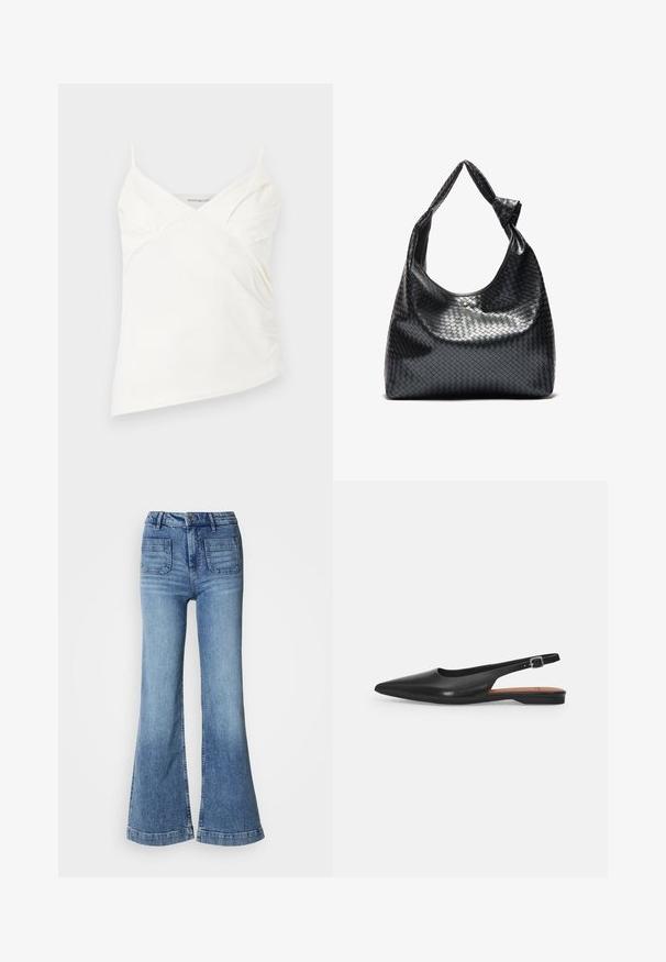 Witte asymmetrische hemdtop met dunne bandjes en subtiele plooidetails op de buste, afgebeeld op een effen achtergrond.; Hoge taille flared jeans in lichtblauwe denim met twee achterzakken, raw hem en subtiele vervaging op de dijen. Klassiek vijfzakkenontwerp.; Zwarte leren slingback schoen met een spitse neus, subtiele glans en een verstelbare enkelband. Platte hak met een brown inlegzool.; Zwarte geweven lederen handtas met een slouchy ontwerp, voorzien van een geknoopte schouderband en een kleine decoratieve gouden stud aan de bovenkant.