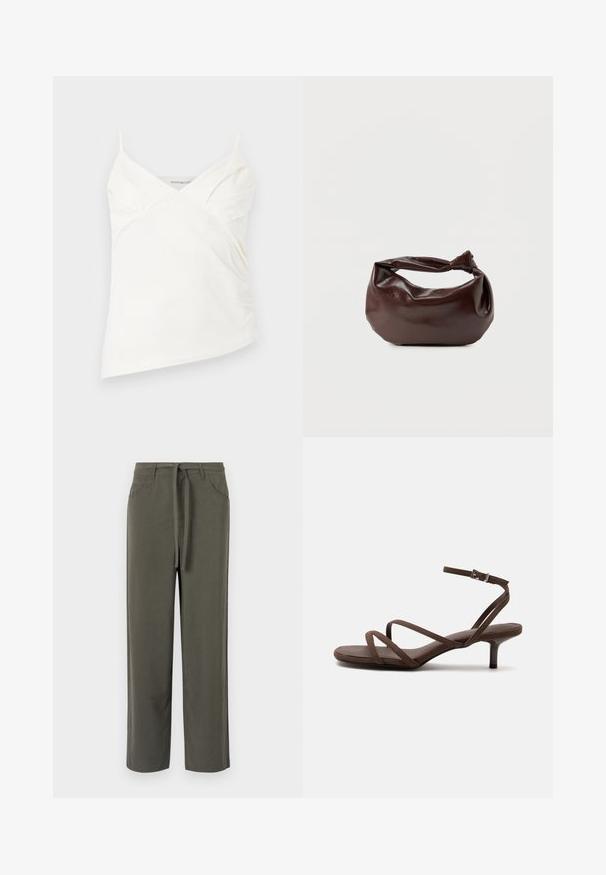 Haut caraco blanc asymétrique avec fines bretelles et détails froncés subtils sur la poitrine, présenté sur un fond uni.; Pantalons vert olive en tissu doux, à coupe droite, avec des poches arrière et latérales, et un lien à la taille.; Sandale marron à talons hauts avec fines lanières croisées et bride de cheville avec boucle argentée sur fond blanc.; Sac bandoulière en cuir marron foncé avec une forme souple et décontractée et une anse nouée torsadée sur un fond blanc uni.