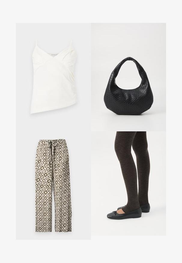 Witte asymmetrische hemdtop met dunne bandjes en subtiele plooidetails op de buste, afgebeeld op een effen achtergrond.; Geprinte wijde broek in olijfgroen en wit. Heeft een diamanten patroon en een trekkoord in de taille. Gemaakt van lichtgewicht stof.; Benen met donkere geribbelde leggings gecombineerd met zwarte ballerina's met kleine strikdetails op een witte achtergrond.; Zwarte geweven handtas met een gebogen handvat, met een gestructureerd oppervlak en een slouchy vorm. Gladde afwerking met een organische silhouette.