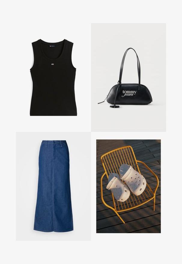 Débardeur noir côtelé sans manches avec petit logo rectangulaire rouge, blanc et bleu au centre de la poitrine et étiquette au col indiquant Tommy Jeans.; Jupe maxi en denim bleu foncé, avec une taille ajustée, une fermeture à boutons sur le devant et une silhouette droite avec peu de détails de couture.; Des sabots Crocs blancs présentent un design perforé, des semelles plates et des sangles de talon réglables, reposant sur une chaise en fil jaune contre un sol en bois.; Sac à bandoulière en cuir noir avec longues poignées, logo "tommy jeans" en blanc, et détail de lanière nouée sur fond uni.
