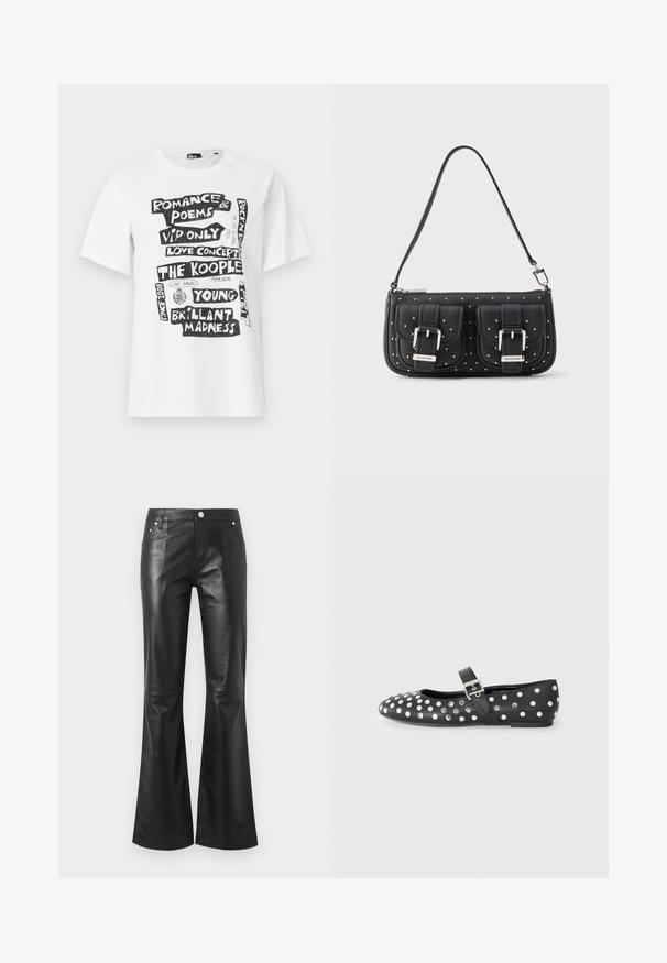 Hvid kortærmet t-shirt med sorte blokbogstaver med sætninger som "Romance & Poems," "Love Concert," "The Kooples" og "Brillant Madness."; Højtaljede bukser i sort kunstlæder med vidde ben, frontknap og lynlås samt lommer foran og bagpå.; Sorte læder flade sko med rund tå, prydet med sølvnitter i et prikket mønster og en spænde rem over vristen.; Sort læderhåndtaske med to forlommer med sølvs spænder, nitteaccenter og en enkelt justerbar skulderrem.