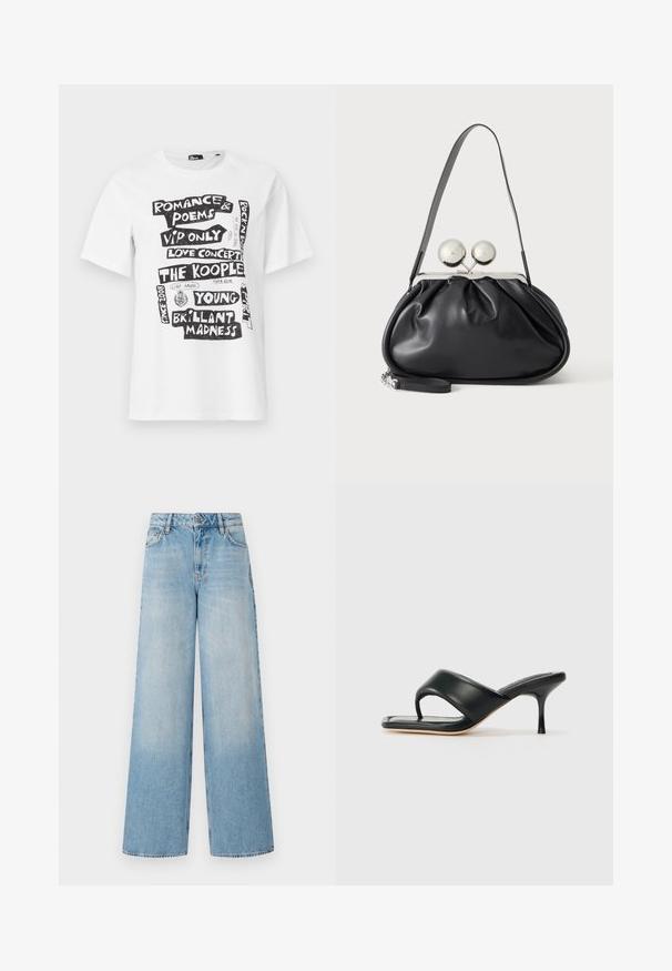 Hvid kortærmet t-shirt med sorte blokbogstaver med sætninger som "Romance & Poems," "Love Concert," "The Kooples" og "Brillant Madness."; Lyseblå brede jeans med høj talje, der har falmede ben, bæltestropper og traditionel metalknap samt lynlås lukning.; STAND STUDIO JESSICA - Mules med hæl - black; Sort læderhåndtaske med opsamlet design, en enkelt rem, sølv metalramme og to store runde sølv lukninger.