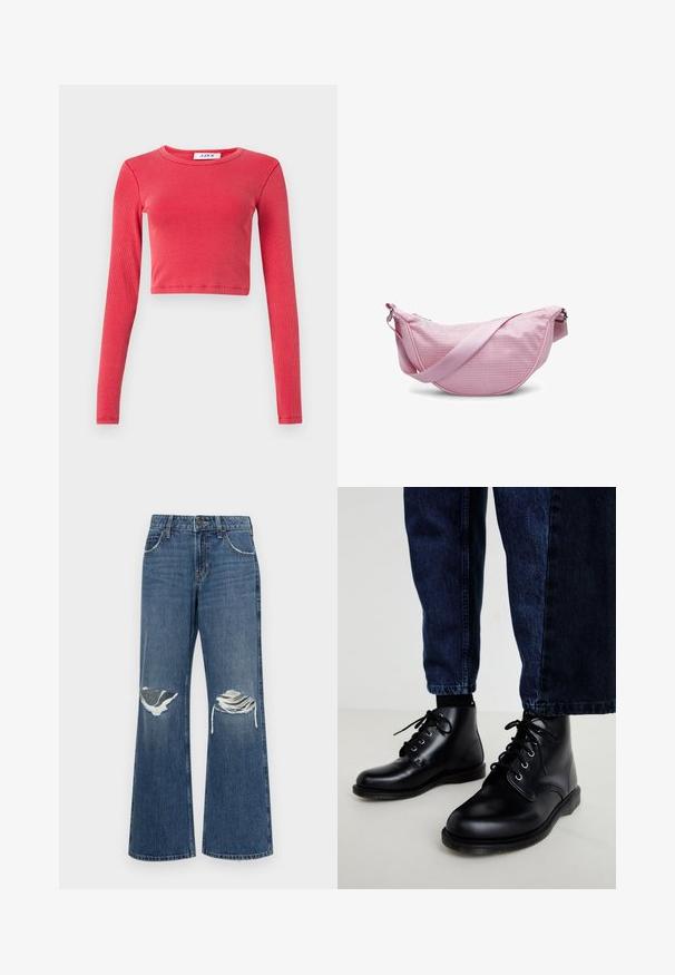 Langsleeve, cropped top in geribbelde textuur, met een ronde hals. Kleur: levendig rood. Inclusief een label in de hals met "JJXX."; Denim wijde pijpen jeans in medium blauw, met gescheurde knieën, ruwe zoomranden en een klassieke vijf-pocketontwerp met metalen knoopsluiting.; Zwarte leren enkellaarzen met ronde neuzen, een vetersluiting, zilveren veteroogjes en getextureerde zolen, gecombineerd met donkerblauwe spijkerbroeken.; Roze netstructuur schoudertas met een gebogen vorm, voorzien van een soepele schouderband en een ritssluiting. De gestructureerde stof verhoogt de ademend vermogen.