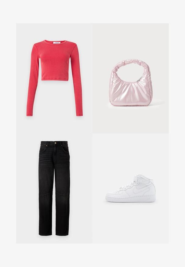 Langærmet, cropped top i ribbet tekstur med rund halsudskæring. Farve: livlig rød. Indeholder et label ved halsen med "JJXX."; Sorte denimjeans med lige ben, fem lommer, knaplukning og subtile falmede detaljer ved lårene og knæene.; Hvide høj-top sneakers lavet af læder med polstret krave, perforeret tå, snørebånd og justerbar ankelrem; logo på siden.; Rosa, polstret håndtaske med afrundet design, lavet af skinnende materiale. Har et samlet håndtag og en lynlås til sikker adgang.
