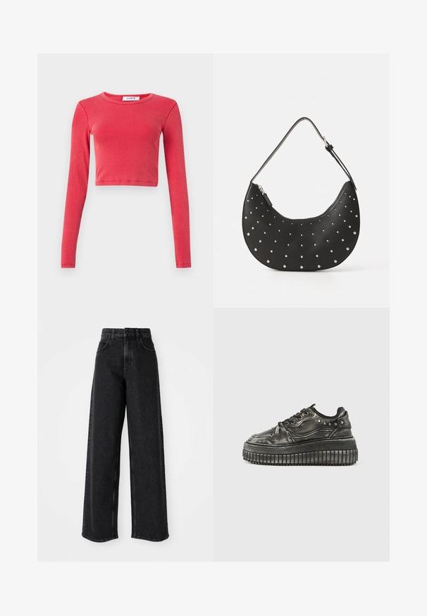 Langsleeve, cropped top in geribbelde textuur, met een ronde hals. Kleur: levendig rood. Inclusief een label in de hals met "JJXX."; Zwarte high-waisted wide-leg jeans van denim, met een klassiek vijf-pocket ontwerp en subtiele stikdetails.; Zwarte plateau sneakers met een rubberen zool, gladde en gestructureerde panelen, afgeronde neus en decoratieve studs aan de zijkant. Vetersluiting.; Zwarte leren handtas met een gebogen vorm, versierd met zilveren studs, voorzien van een ritssluiting en een enkele verstelbare schouderband.