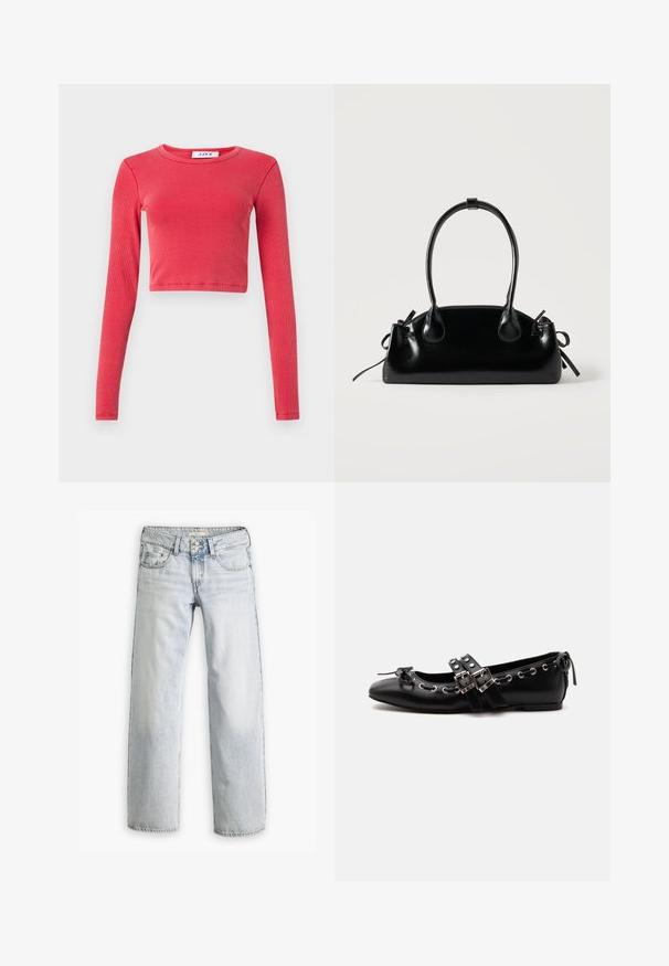 Langærmet, cropped top i ribbet tekstur med rund halsudskæring. Farve: livlig rød. Indeholder et label ved halsen med "JJXX."; Lyseblå denimjeans med en afslappet pasform, høj talje og fem-lomme design. Har syning detaljer og knaplukning.; Sort flad balletsko med dobbelt spænde, sølvøjer og en lille sløjfe nær den runde tå på en hvid baggrund.; Lille sort blank håndtaske med to lange håndtag og snøre-detaljer i siden på en ensfarvet lys baggrund.