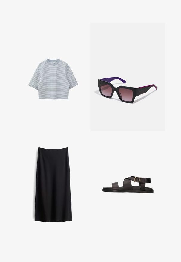 Lichtblauw cropped T-shirt met dunne witte horizontale strepen en korte mouwen tegen een witte achtergrond.; Zwarte knielange rok met een gladde, matte textuur. Heeft een simpele silhouet en subtiele zijsplitten voor gemakkelijke beweging.; Zwarte leren vlakke sandaal met brede gekruiste bandjes en een enkelbandje met gouden gesp op een witte achtergrond.; Zwarte rechthoekige zonnebril met gradient lenzen, paarse armen en slanke randen. Heeft een matte afwerking en een subtiel logo op de poot.
