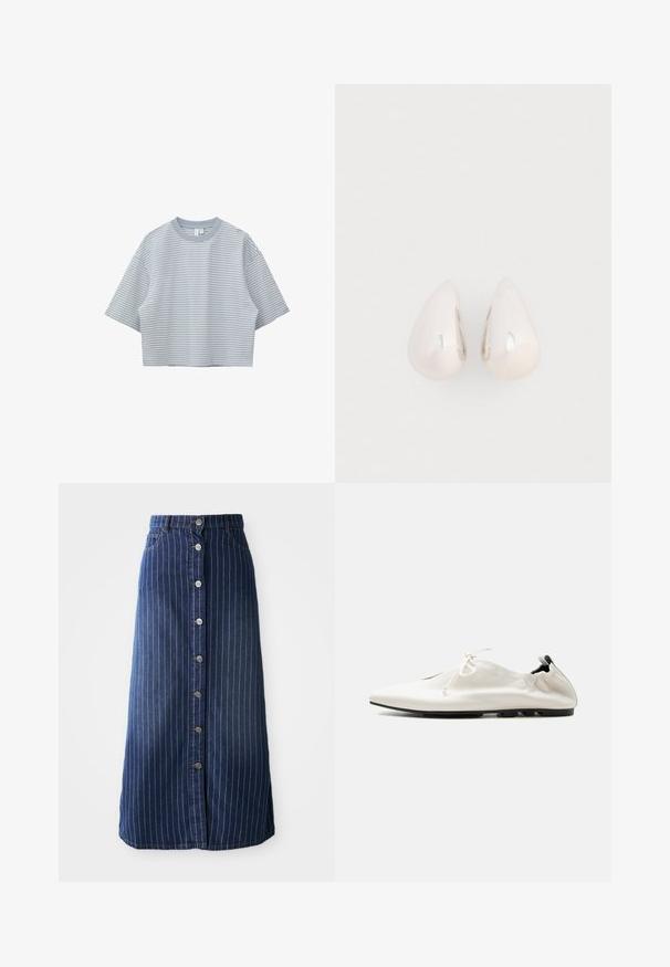 T-shirt bleu clair raccourci à fines rayures horizontales blanches et manches courtes sur fond blanc.; Jupe maxi en denim foncé avec des rayures blanches verticales, fermeture à boutons sur le devant et légère évasement à l'ourlet. Comprend cinq boutons et un surpiquage contrasté.; Chaussure blanche minimaliste en cuir à enfiler avec talon rentré, fermeture à lacets et semelle fine noire sur fond uni.; Boucles d'oreilles en métal argenté en forme de goutte, avec une surface lisse et réfléchissante, présentant un design sans couture et sans embellissements visibles.
