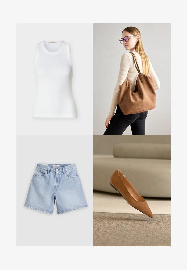 Hvid ribbet ærmeløs tanktop med rund halsudskæring, tætsiddende pasform og Scotch & Soda mærke indeni kraven.; Lyseblå denimshorts. Høj talje med fire lommer, knaplukning foran og rå kant nederst. Stoffet virker blødt med en falmet finish.; Brun flat sko med spids tå, der svæver over et struktureret beige tæppe med en lysebeige buet sofa i baggrunden.; Brun ruskind tote taske med blød tekstur, stor åbning og lange stropper. Har et enkelt design med synlige syninger og ingen hardware.