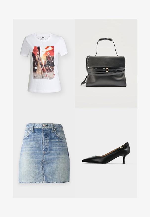 Hvid DKNY T-shirt med to stiliserede kvinder, der går i et bylandskab med høje bygninger og en orange himmel ved solnedgang.; Denimnederdel i lyseblå vask, med høj talje og tætsiddende design, frynset kant og klassisk fem-lomme-stil. Søjlehardware i sølv.; Sort læder pumpe med spids tå, kitten heel og lille guldfarvet spænde bagpå på en lysegrå baggrund.; Sort læderhåndtaske med klaplukning, øverste håndtag og lang justerbar rem med en guldbelagt spænde på en ensfarvet baggrund.