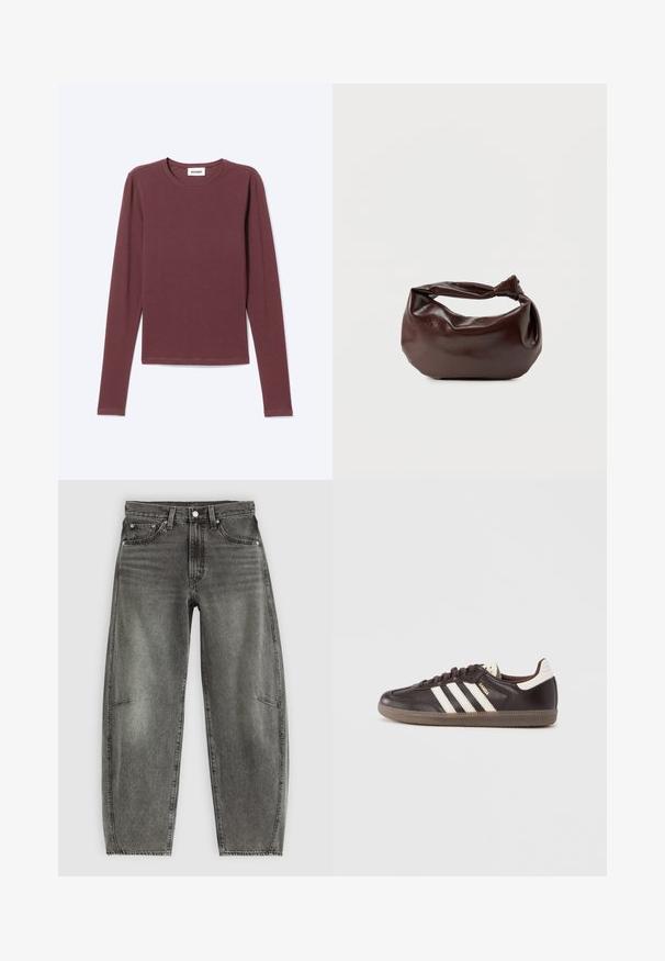 Langärmliges Shirt mit Rundhalsausschnitt in einfarbigem dunklem Mauve, mit geradem Saum und sichtbarem WEEKDAY-Markenlabel im Krageninnenbereich.; Hochtaillierte, grau gewaschene Jeans aus Denim mit fünf Taschen, Knopfverschluss und einer lässigen, geraden Passform.; Dunkelbraune Ledersneaker mit weißem Drei-Streifen-Design, einer Gummisohle und dem Schriftzug "Samba" in goldener Schrift an der Seite. Klassische, niedrige Form.; Dunkelbraune Lederschultertasche mit weicher, lockerer Form und einem gedrehten Knotengriff vor schlichtem weißem Hintergrund.