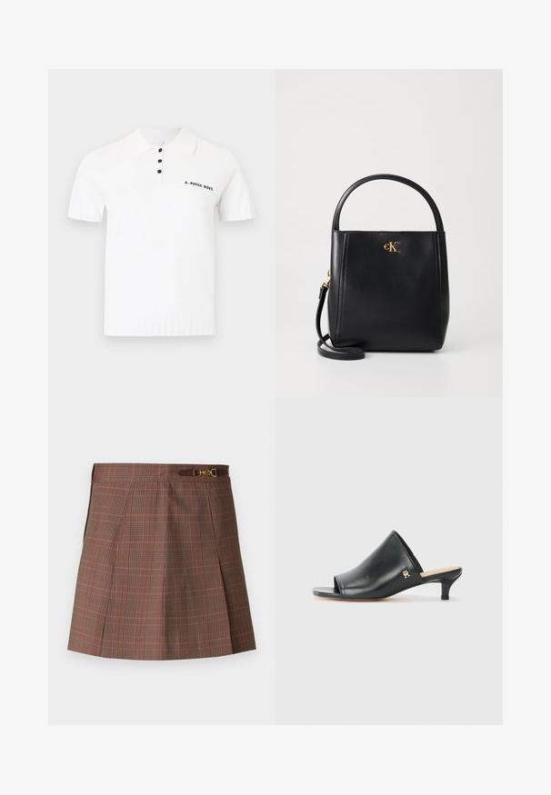 Polo blanco de manga corta con tres botones negros y texto negro "A. ROEGE HOVE" en el pecho izquierdo.; Falda de cuadros marrones con acentos en naranja, con un diseño plisado, cintura ajustada y un detalle decorativo de hardware dorado en el cinturón.; Mules de cuero negro de punta abierta con un tacón bajo. Presentan una superficie lisa y un acento del logo dorado en el costado.; Bolso de mano de piel negra con un asa redondeada, acento de logo dorado y correa para el hombro desmontable. Textura suave y forma estructurada.