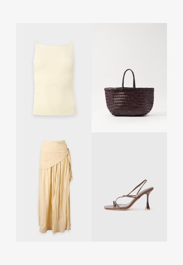 Flødefarvet ribstrikket camisole-top med tynde stropper og en lige halsudskæring på en neutral baggrund.; Lang beige nederdel med samlet stof og snoet knudedetalje på højre side, vist mod en ensfarvet baggrund.; Brune stroppede højhælede sandaler med firkantet tå, slanke remme, en blank finish og en distinkt buet hæl.; DRAGON DIFFUSION TRIPLE JUMP SMALL - Håndtasker - dark brown
