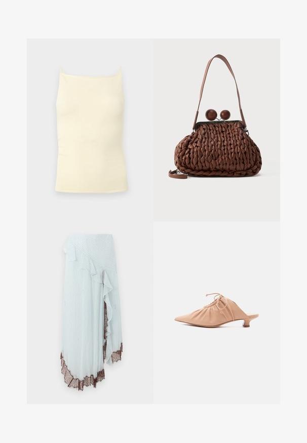 Flødefarvet ribstrikket camisole-top med tynde stropper og en lige halsudskæring på en neutral baggrund.; Lyseblå omslagsskjørt med lodrette hvide striber, der har en flæsekant og detaljeret brun blondekant i bunden.; Beige dames mule i læder med spids tå, rynket overdel, snøre og lav kittenhæl på hvid baggrund.; Brun flettet læderhåndtaske med en enkelt strop og to store runde trælukninger på toppen.
