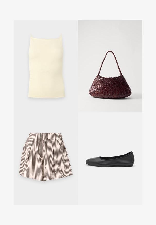 Haut caraco en maille côtelée couleur crème avec fines bretelles et encolure droite sur un fond neutre.; Shorts rayés marron et blanc taille haute avec plis, une large ceinture élastique et une silhouette en ligne A.; Ballerines en cuir noir avec un bout rond, texture lisse, détails de couture minimalistes et design de semelle flexible.; DRAGON DIFFUSION ROSANNA - Sac à main - bruciato