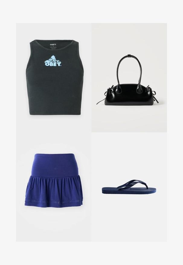 Débardeur court en coton noir à côtes, présentant un logo graphique bleu clair centré sur la poitrine. Design sans manches avec un col rond.; Jupe en jersey bleu marine avec un bas froncé, une ceinture élastique et une bordure décorative brodée le long de l'ourlet. Tissu doux et léger.; Sandale tong en caoutchouc bleu foncé avec semelle texturée et bride en forme de Y sur un fond clair uni.; Petit sac à main noir brillant avec deux longues anses et des détails à cordon sur les côtés sur un fond clair uni.