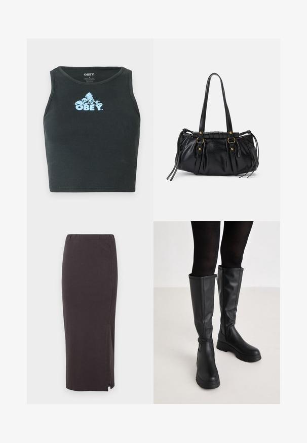 Sort ribbet bomulds crop top med et lyseblåt grafisk logo centreret på brystet. Uden ærmer med rund halsudskæring.; Lang, mørkegrå stræk nederdel med elastisk talje, der har en sideslids for nem bevægelse og en glat, blød tekstur.; Even&Odd by Zalando Plateaustøvler - black; Sort læderhåndtaske med rund form, dobbelte hanke, dekorative hardware-detaljer og snøre på siden. Glat, blank overflade.