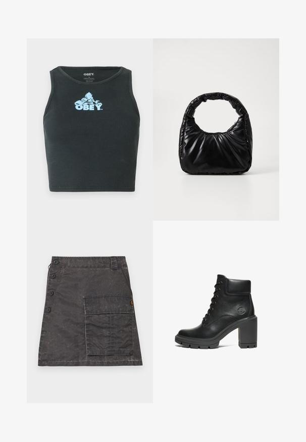 Zwarte geribbelde katoenen cropped tanktop met een lichtblauw grafisch logo in het midden van de borst. Mouwloos ontwerp met een ronde hals.; Grijze rok van gestructureerde stof met een voorste knoopsluiting en een zijzak. Heeft een subtiele versleten uitstraling en gestikte details.; Zwarte leren enkellaars met een chunky hak, vetersluiting en een gestructureerde rubberen zool; heeft een klein geperst logo aan de zijkant.; Zwarte gevoerde handtas met een ronde handgreep, met een gladde, glanzende oppervlakte en een zachte, gewatteerde textuur. Geen zichtbare metalen onderdelen of accenten.