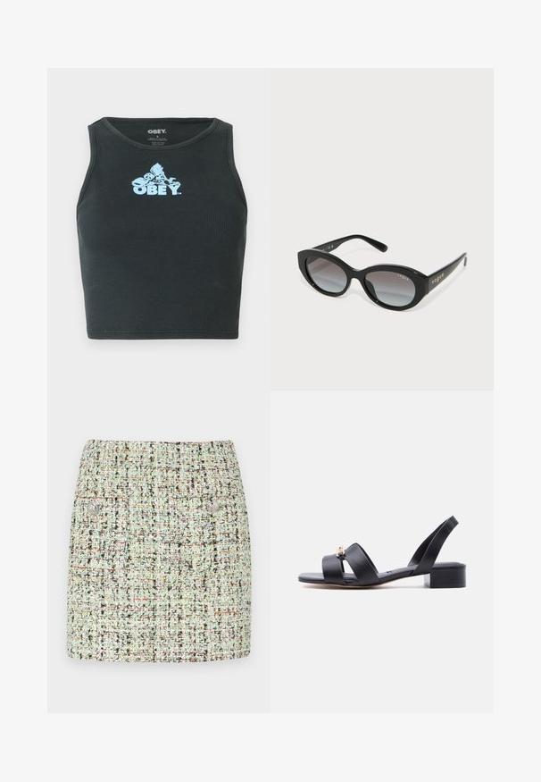 Sort ribbet bomulds crop top med et lyseblåt grafisk logo centreret på brystet. Uden ærmer med rund halsudskæring.; Kort tweed nederdel i lysegrøn, fremstillet af et struktureret stof med flerfarvede fnug, to forlommer og sølvknap detaljer.; Sort læder sandal med åben tå, lav blokhæl, dobbelt frontrem, slingback-rem og lille gulddetalje på den øverste rem.; Sorte solbriller med ovale rammer, grå gradientlinser og blanke sorte arme med "vogue" i guldtekst på siden.