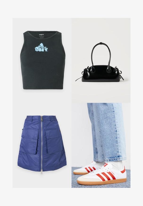 Débardeur court en coton noir à côtes, présentant un logo graphique bleu clair centré sur la poitrine. Design sans manches avec un col rond.; Jupe bleu marine en nylon avec fermeture éclair à l'avant. Elle possède deux grandes poches plaquées et une silhouette structurée. Texture lisse.; Baskets en cuir blanc avec des rayures et des accents rouges. Dotées d'une semelle extérieure en gomme texturée et d'un col rembourré. Portées avec un jean en denim bleu clair.; Petit sac à main noir brillant avec deux longues anses et des détails à cordon sur les côtés sur un fond clair uni.