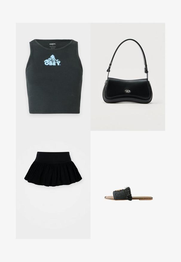Schwarzes, geripptes Baumwoll-Crop-Top mit einem hellblauen Grafiklogo, das zentral auf der Brust platziert ist. Ärmelloses Design mit einem runden Halsausschnitt.; Schwarzer ausgestellter Rock aus gerafftem, strukturiertem Stoff mit einem breiten Taillenbund. Schlichtes Design, keine Muster oder Beschläge vorhanden.; Flache Sandale mit geflochtenem schwarzen Riemen mit Fransen-Detail und einer hellbraunen Sohle mit genähten Kanten.; Schwarze Ledertasche mit abgerundetem Überschlag und silbernem ovalem Logo, ausgestattet mit einem verstellbaren Schulterriemen, vor hellem einfarbigem Hintergrund.