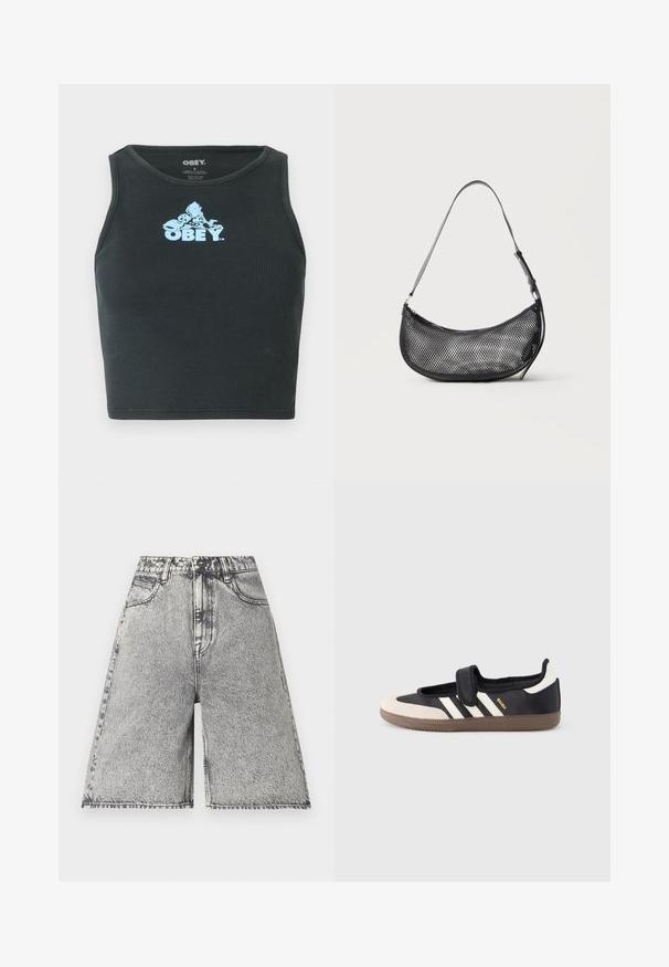 Débardeur court en coton noir à côtes, présentant un logo graphique bleu clair centré sur la poitrine. Design sans manches avec un col rond.; Shorts en denim avec un motif délavé noir et gris, présentés avec une taille haute, des passants de ceinture et cinq poches. Les bords sont finis.; Baskets noires et beiges avec une bride en velcro, trois bandes blanches sur le côté, et une semelle en caoutchouc marron texturée. Logo de la marque visible.; Petit sac d'épaule noir en mesh en forme de croissant avec une lanière fine réglable, sur un fond clair uni.
