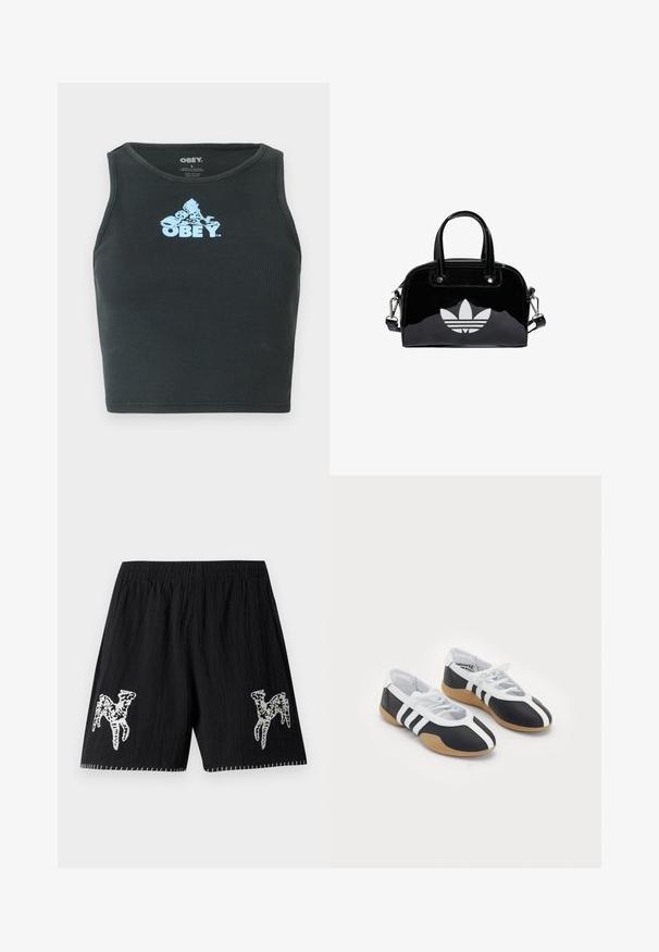 Schwarzes, geripptes Baumwoll-Crop-Top mit einem hellblauen Grafiklogo, das zentral auf der Brust platziert ist. Ärmelloses Design mit einem runden Halsausschnitt.; Schwarze Shorts aus texturiertem Stoff; mit weißen gestickten Designs an beiden Beinen und Kontrastnähten am Saum. Elastischer Bund.; Schwarz-weiße Sportschuhe mit einem eleganten Design, Gummisohle, Schnürverschluss und drei weißen Streifen an den Seiten.; Schwarze Handtasche aus Lackleder mit abgerundeter Form, doppelten Tragegriffen, silbernen Akzenten und einem auffälligen weißen Logo auf der Vorderseite.