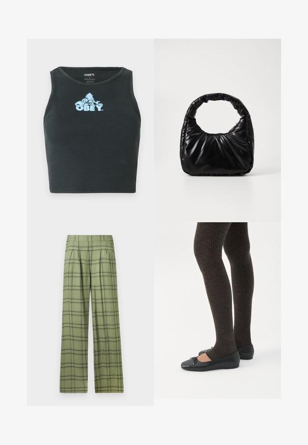 Débardeur court en coton noir à côtes, présentant un logo graphique bleu clair centré sur la poitrine. Design sans manches avec un col rond.; Pantalons évasés verts avec un motif à carreaux noirs, une taille haute, des plis sur le devant et des poches latérales.; Jambes portant des leggings côtelés foncés associés à des ballerines noires avec de petits détails en nœud sur fond blanc.; Sac à main noir rembourré avec une poignée arrondie, présentant une surface lisse et brillante ainsi qu'une texture douce et matelassée. Pas de quincaillerie ou d'accents visibles.