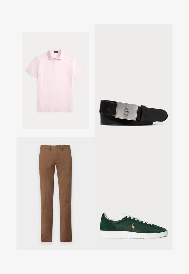 Hele-roosa polo särk, millel on tekstureeritud triibuline muster, klassikaline krae, kolme nööbiga klapp ja väike logo rinnal.; Pruunist puuvillast twill kangast püksid sirgete sääretükkidega, nööbi kinnitusega ja peene läikega; ilma nähtavate mustrite või riistade detailideta.; Roheline nobed suede ja nahast tossud valge kummist tallaga, millel on küljes kuldne logo ja valged paelad. Klassikaline madala lõikega disain.; Must mustra nahkavöö, millel on ristküliku kujuline hõbedane metallist pandla, millel on reljeefne hobusemehe logo, sile pind ja viis vööauku.