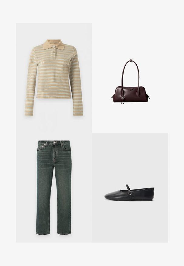 Polo beige à manches longues avec des rayures blanches horizontales et deux boutons sur le col.; Jean en denim vert foncé à coupe droite, présentant un design classique à cinq poches, des coutures visibles et une fermeture à bouton à la taille.; Ballerines noires en cuir avec un bout pointu, une semelle plate et une petite sangle avec un détail de boucle en argent.; Sac à main en cuir brun foncé Calvin Klein avec de longues poignées doubles et un petit porte-clé logo suspendu à une poignée.