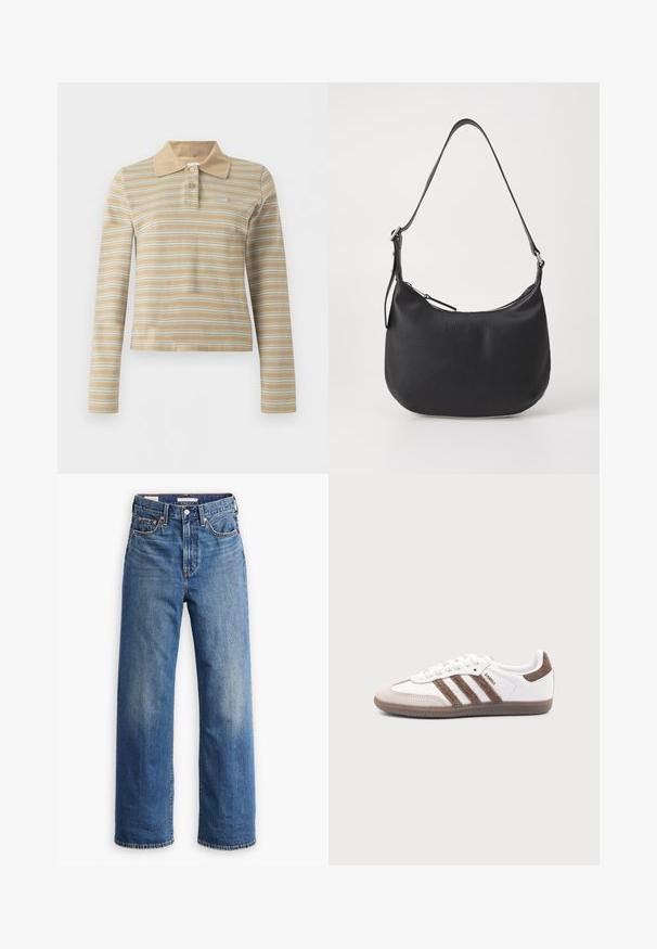 Beige langærmet polotrøje med hvide vandrette striber og to knapper på kraven.; Lyseblå denimjeans med høj talje, bred benstil, klassisk fem-lomme design og subtil falmning på stoffet.; Hvid Adidas Samba sneaker med brune ruskindstriber, brun gummisål og beige ruskindståhætte, vist fra ydersiden på en ensfarvet baggrund.; Sort læder skuldertaske med en buet form, lynlåslukning og justerbar skulderrem. Har prægede brandlogoer på forsiden.