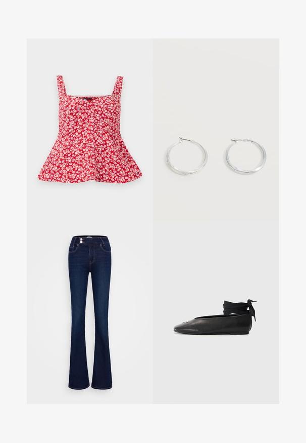 Tommy Jeans GIRL CORE - Topp - red; Tumesinised laienevad teksad denimist, kõrge vöökohaga, kahe esitasku, lukuga ja nööpidega kinnitusega ning kontrastse õmblusega.; Must have tihe pruun nahast balleti kingad terava ninaga, millel on kootud kangast pahklödi ja väike dekoratiivne detail ninapeal.; Hõbedased metallist rõngakujulised kõrvarõngad, millel on sile, kergelt kaarduv pind ja lukustuvad tagused kinnitused, valgel taustal.