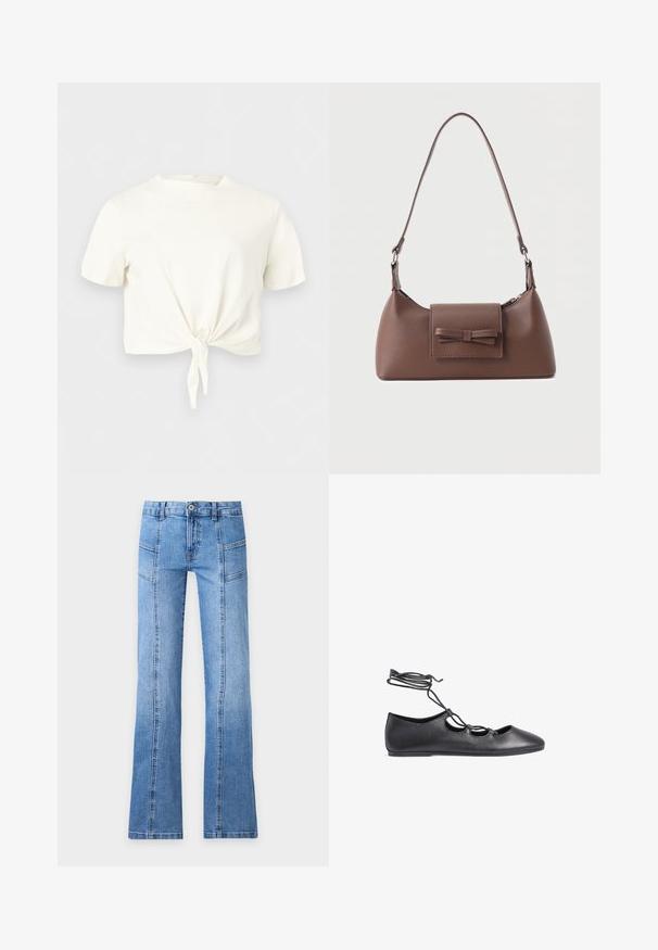 Wit crop top met korte mouwen, ronde hals en een knoopdetail aan de voorkant, tegen een effen lichte achtergrond.; Lichtblauwe denim jeans met een hoge taille, knoop aan de voorkant, rits, naaddetails en licht uitlopende pijpen op een effen achtergrond.; Zwarte leren ballet flats met een spitse neus, uitsparingen en dunne veters die rond de enkel wikkelen; gladde textuur.; Bruine leren schoudertas met een voorvak met klep en een gestikte strikdetail en een verstelbare band.
