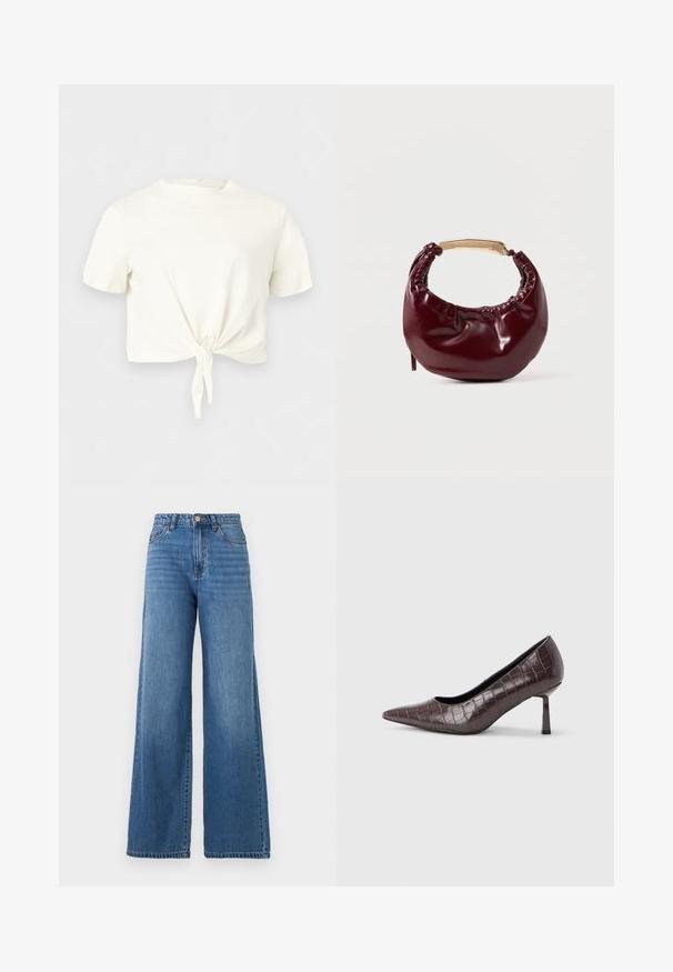 Crop top blanc à manches courtes avec col rond et détail noué à l'avant sur fond clair uni.; Jean bleu taille haute à jambe large avec poches avant, passants pour ceinture, fermeture à bouton et braguette zippée.; Escarpins à bout pointu en similicuir marron avec une texture crocodile, dotés d’un talon fin et angulaire ainsi que d’une doublure intérieure lisse.; Sac à main en simili cuir bordeaux avec une forme arrondie, des détails froncés et une anse en métal doré. Texture lisse et finition brillante.