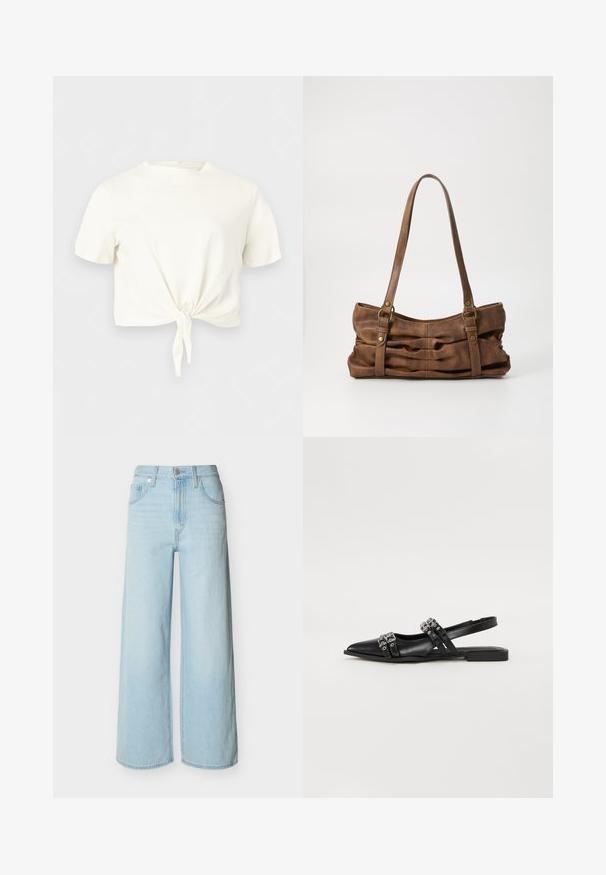 Λευκό crop top με κοντά μανίκια, στρογγυλή λαιμόκοψη και λεπτομέρεια κόμβου μπροστά πάνω σε απλό ανοιχτό φόντο.; Φαρδιά τζιν παντελόνια σε ανοιχτό μπλε χρώμα, με κλείσιμο κουμπιού και φερμουάρ μπροστά, θηλιές για ζώνη και κλασικό σχέδιο με πέντε τσέπες.; Even&Odd Μπαλαρίνες με λουράκι στον αστράγαλο - black; Even&Odd Τσάντα χειρός - brown