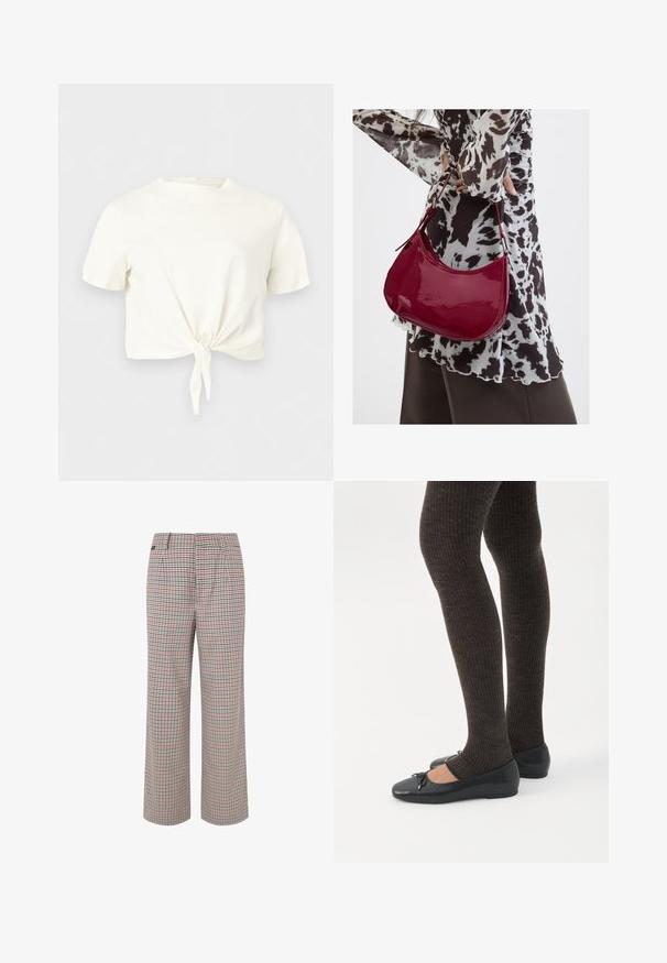 Wit crop top met korte mouwen, ronde hals en een knoopdetail aan de voorkant, tegen een effen lichte achtergrond.; Geverfde broek in beige, rood en marineblauw. Ruime snit met een op maat gemaakte taille en plooien, voorzien van een gestructureerde stofafwerking.; Benen met donkere geribbelde leggings gecombineerd met zwarte ballerina's met kleine strikdetails op een witte achtergrond.; Vrouw met een zwart-wit gebloemde blouse houdt een glanzende rode schoudertas vast tegen een effen achtergrond.