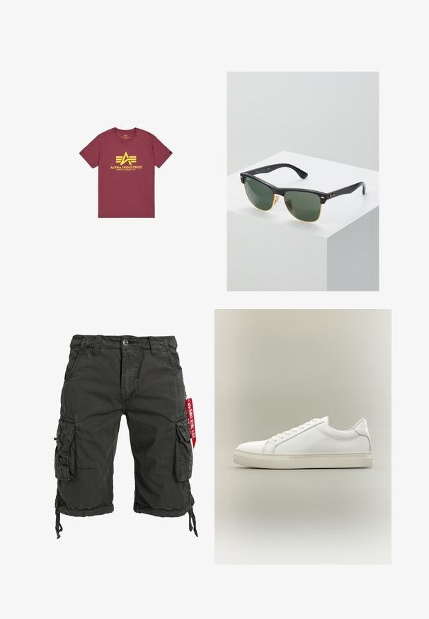 Camiseta de manga corta color granate con logo amarillo de Alpha Industries y texto "Knoxville, Tennessee, U.S.A." en el centro frontal.; Bermudas cargo de color verde oscuro fabricadas con tejido resistente, que cuentan con múltiples bolsillos laterales, un dobladillo con cordón y un acento de etiqueta roja.; Zapatilla blanca de perfil bajo con cordones en la parte delantera y suela gruesa, mostrada de lado sobre un fondo neutro.; Gafas de sol Ray-Ban con lentes verdes, montura de plástico negro y acentos dorados en los bordes. Forma cuadrada con acabado mate.