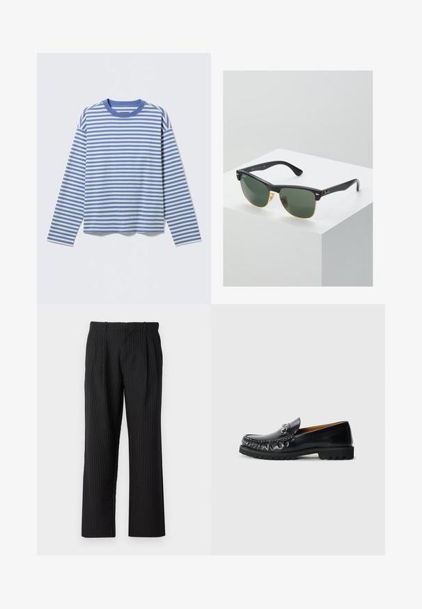 Langärmeliges Rundhals-Shirt mit horizontalen blau-weißen Streifen, legerer Passform und geripptem Kragen vor einfarbigem Hintergrund.; Jack & Jones Classic Wide Leg Fit - Stoffhose - black; Schwarze Lederloafers mit abgerundetem Zeh, dekorativen Nähten und einem metallischen Akzent an der Vorderseite; Gummisohle mit rutschfestem Muster.; Ray-Ban Sonnenbrillen mit grünen Gläsern, schwarzen Kunststoffrahmen und goldenen Akzenten an den Rändern. Quadratische Form mit matter Oberfläche.